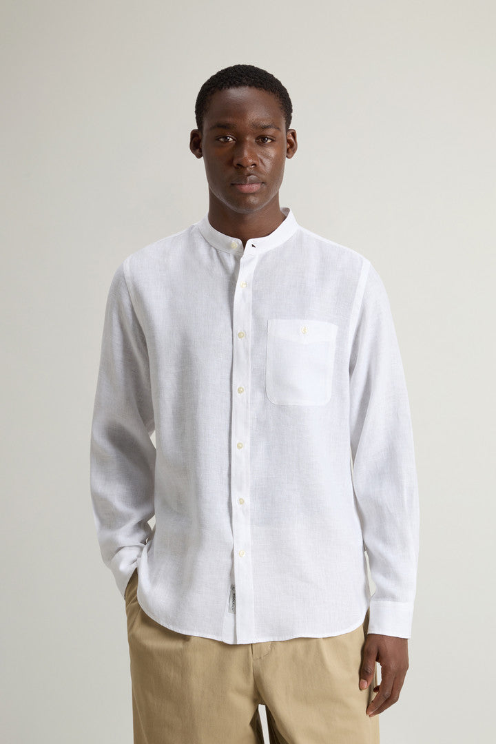 Garment Dyed Pure Linen Shirt With Band Collar Men