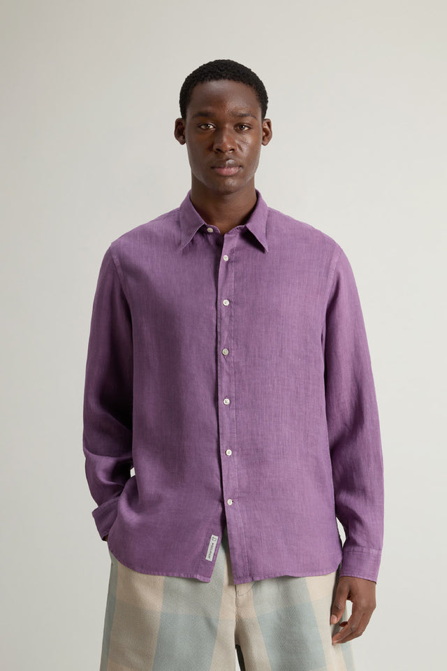 Garment-Dyed Pure Linen Shirt - Men - Purple