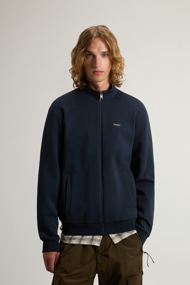 Full-Zip High Neck Sweatshirt in Cotton-Blend Interlock with Logo - Men - Blue