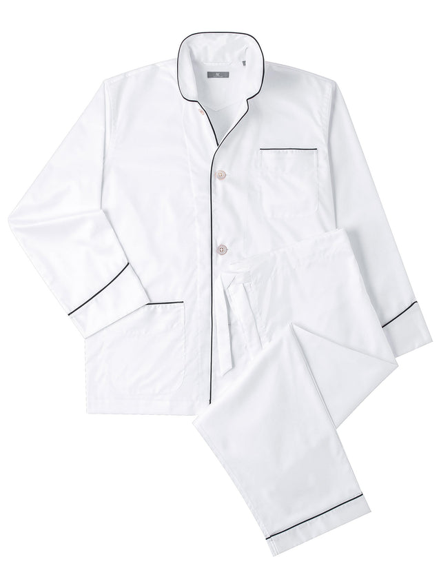 120s Cotton Twill White with Navy Piping Pajamas