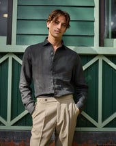 French Linen One Piece Collar Riviera Shirt In Dark