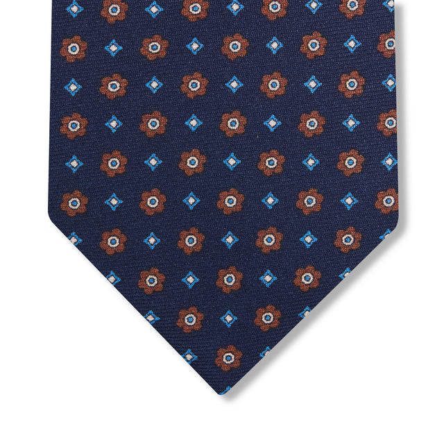 Cravate Bleu marine & Marron - Motif Floral - Soie