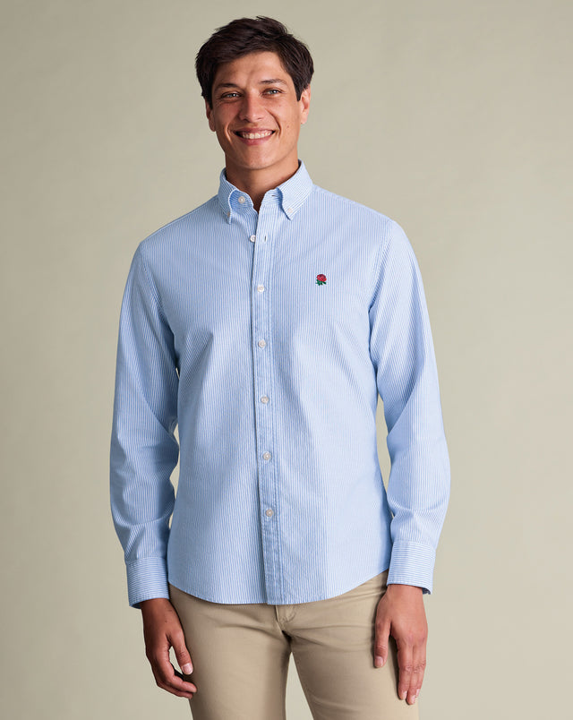 Chemise Oxford délavée à rayures England Rugby - Bleu et blanc