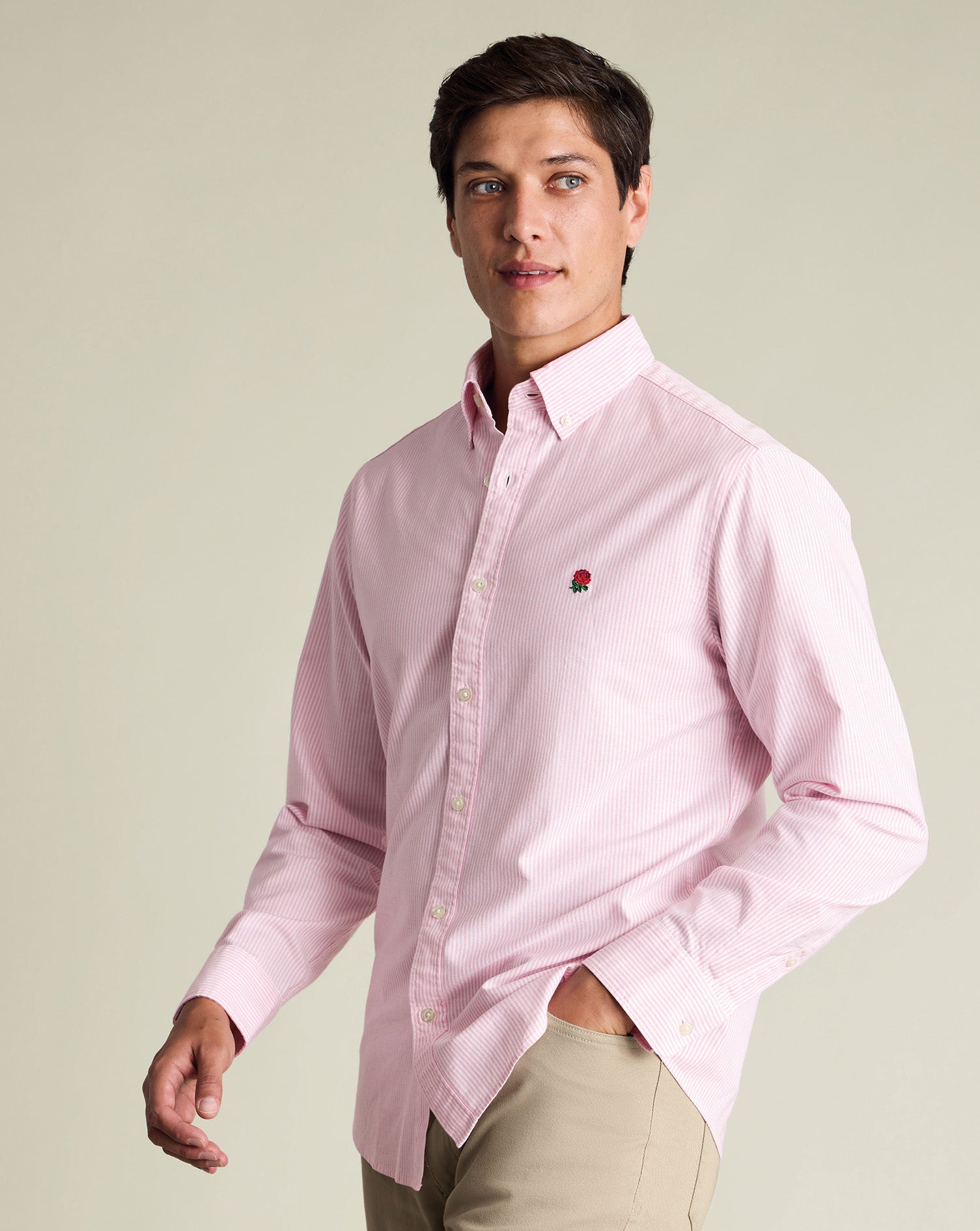 Shirt Oxford délavée England Rugby à rayures en coton à col boutonné - Rose