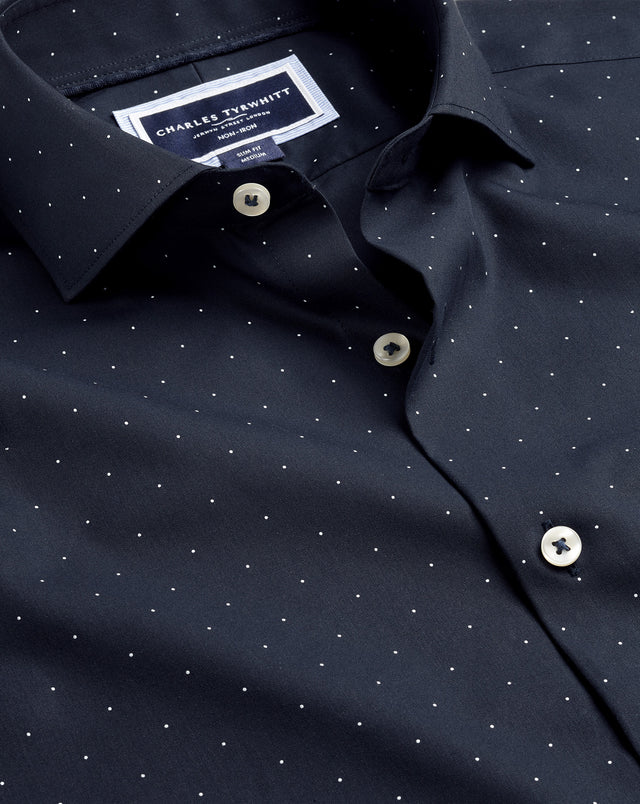 Non-Iron Stretch Poplin Spot Print Shirt - Navy