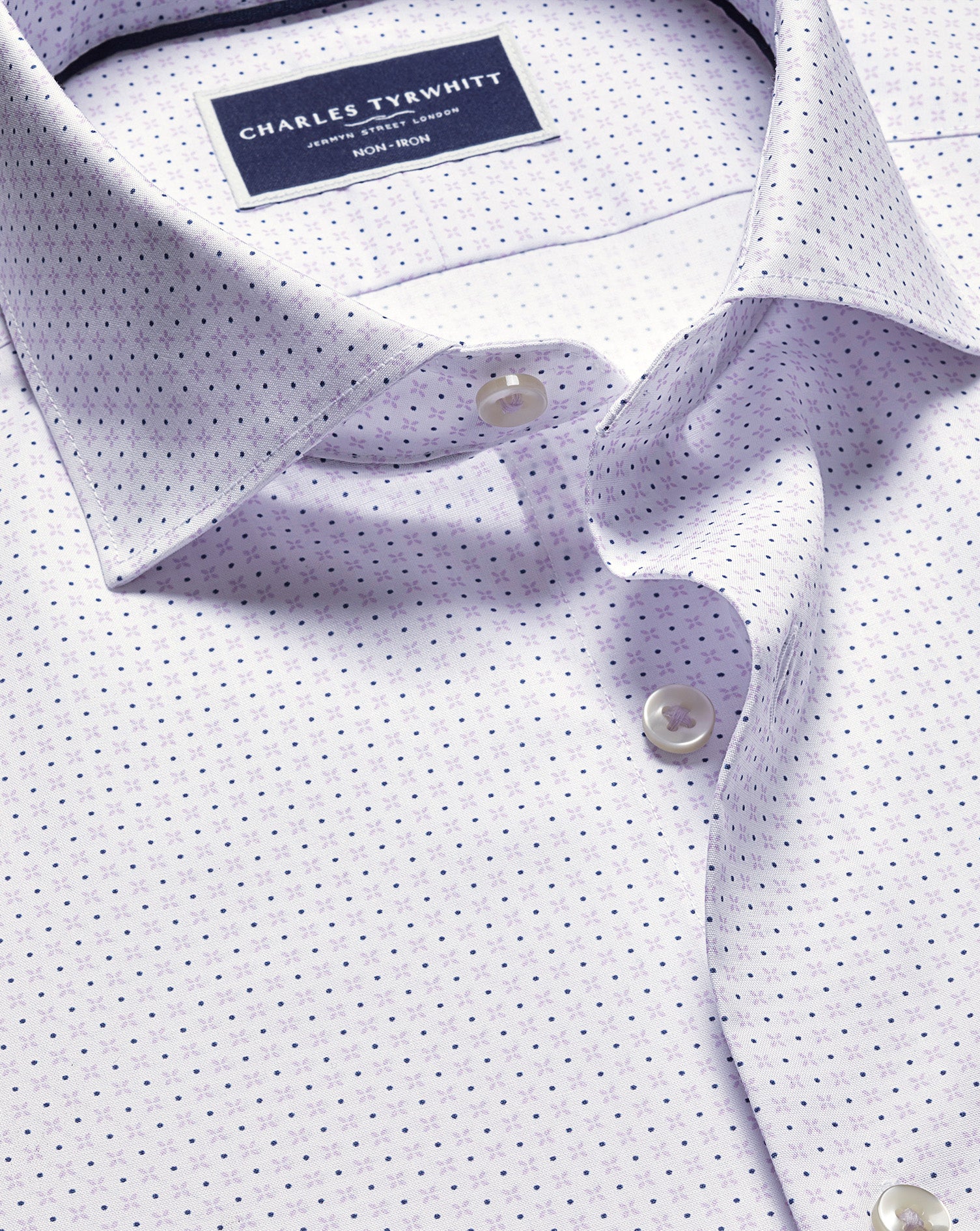 Non-Iron Stretch Poplin Geo Print Shirt - White & Lilac
