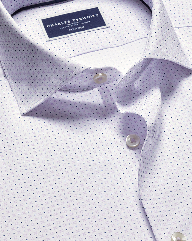 Non-Iron Stretch Poplin Geo Print Shirt - White & Lilac