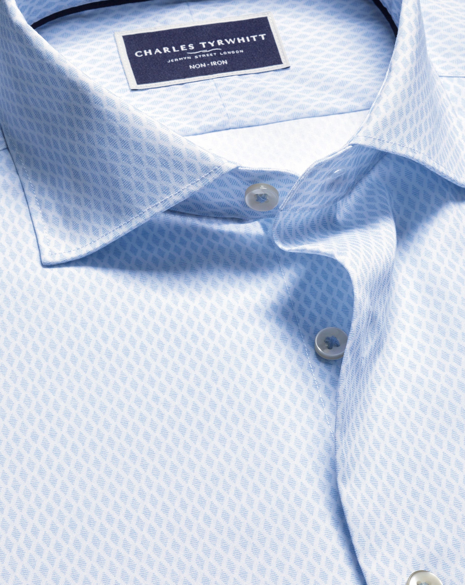 Semi-Cutaway Collar Non-Iron Stretch Poplin Print Shirt - Light Blue
