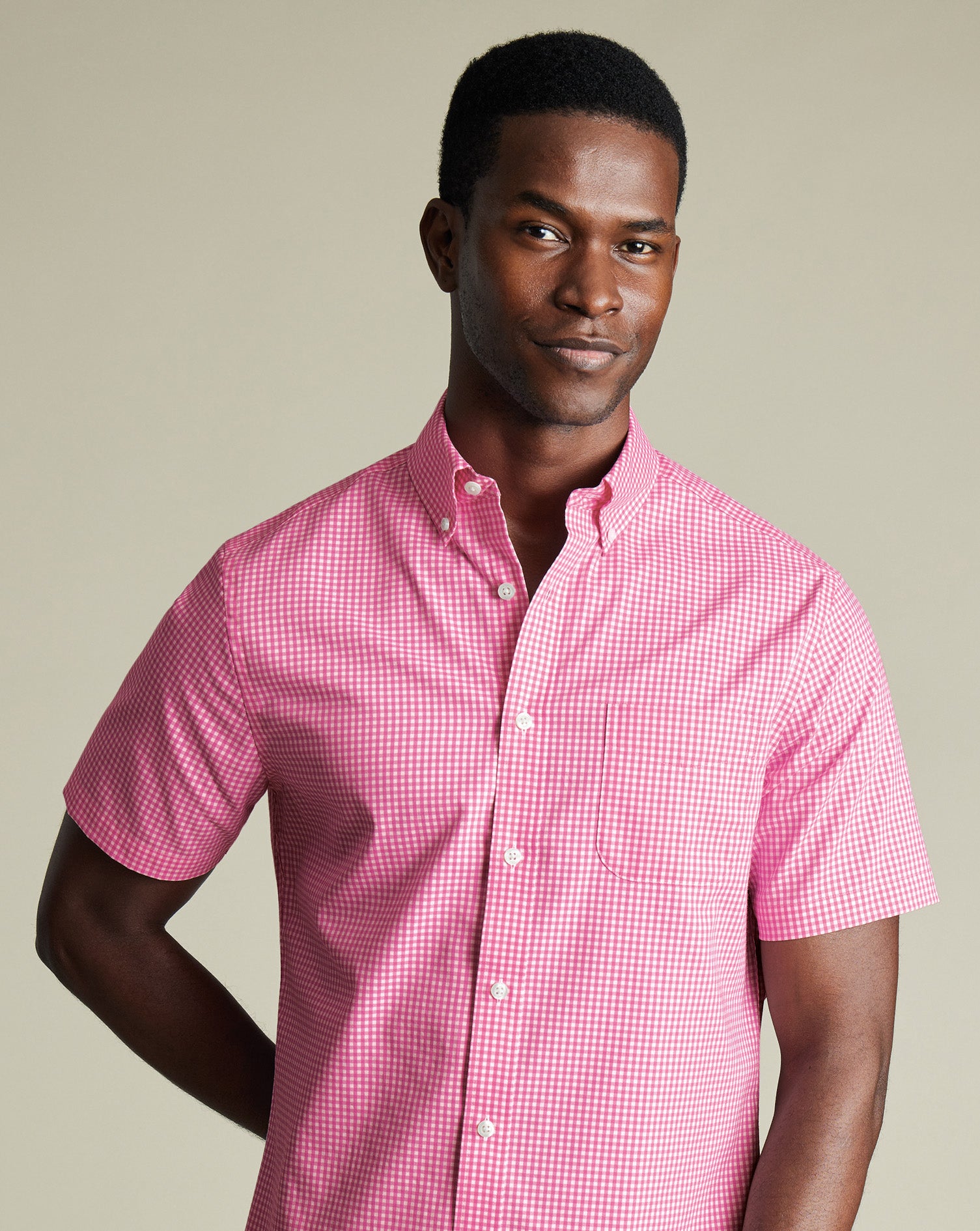 Non Iron Stretch Poplin Check Short Sleeve Shirt Pink