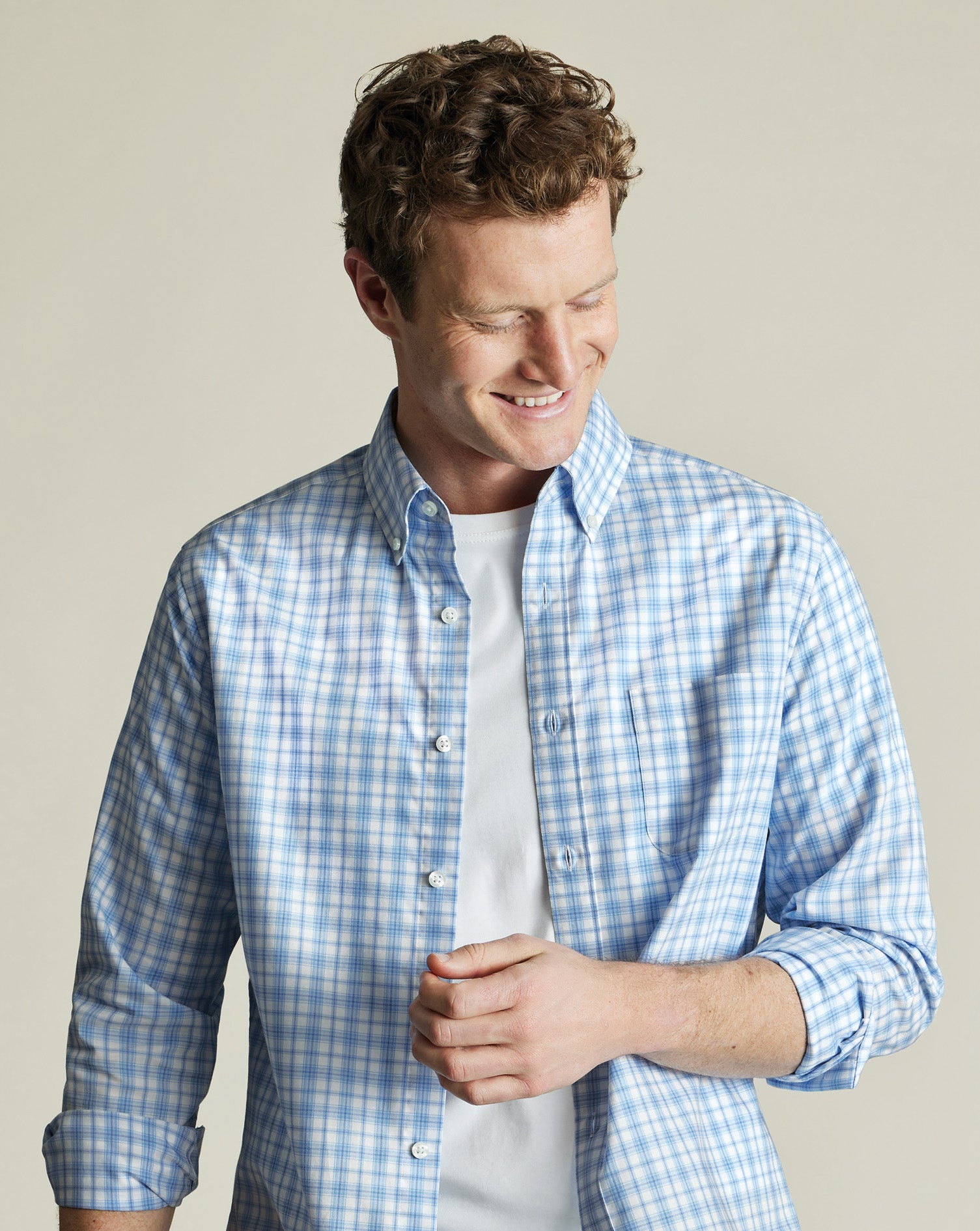 Non Iron Stretch Poplin Check Shirt Cornflower