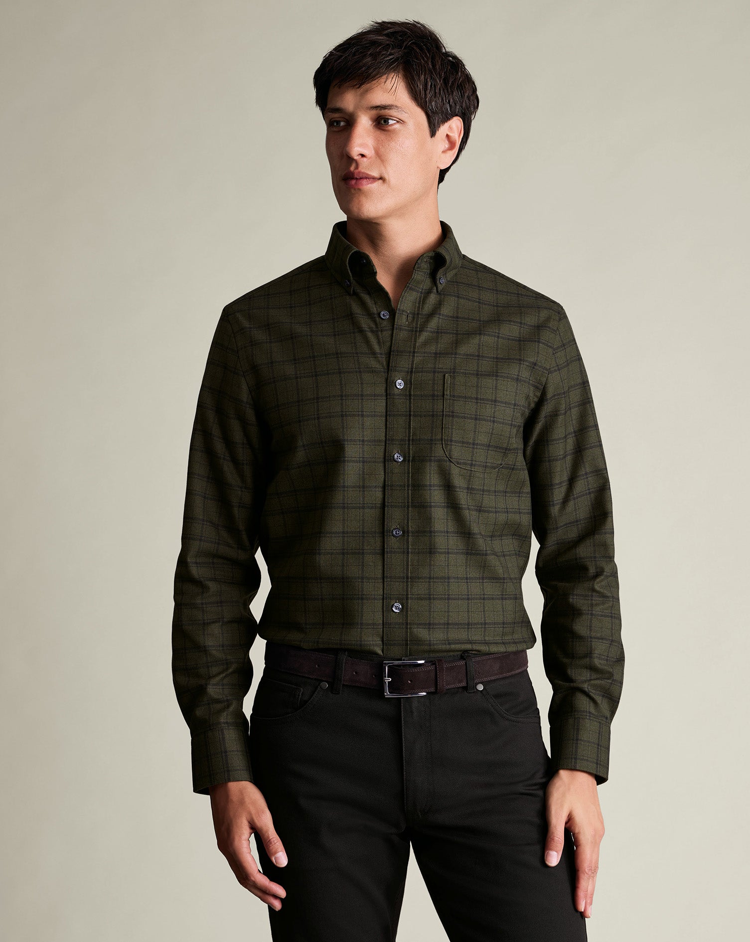Non Iron Twill Check Shirt Green Navy