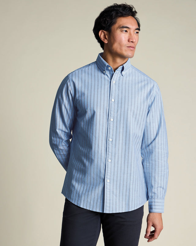 Shirt Oxford délavée à rayures extensible à col boutonné – Bleu