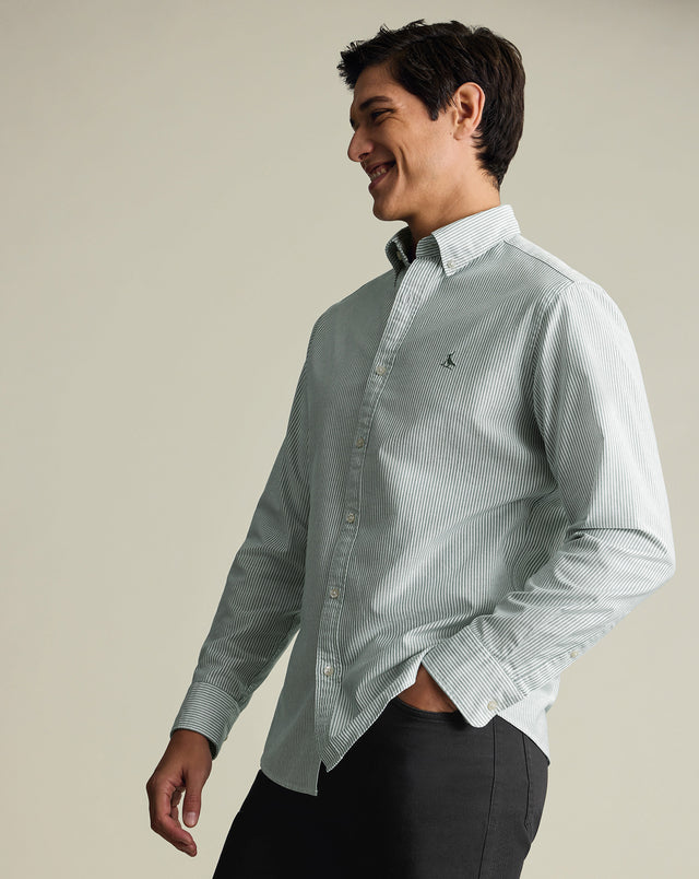 Button-Down Stretch Washed Oxford Stripe Shirt – Green