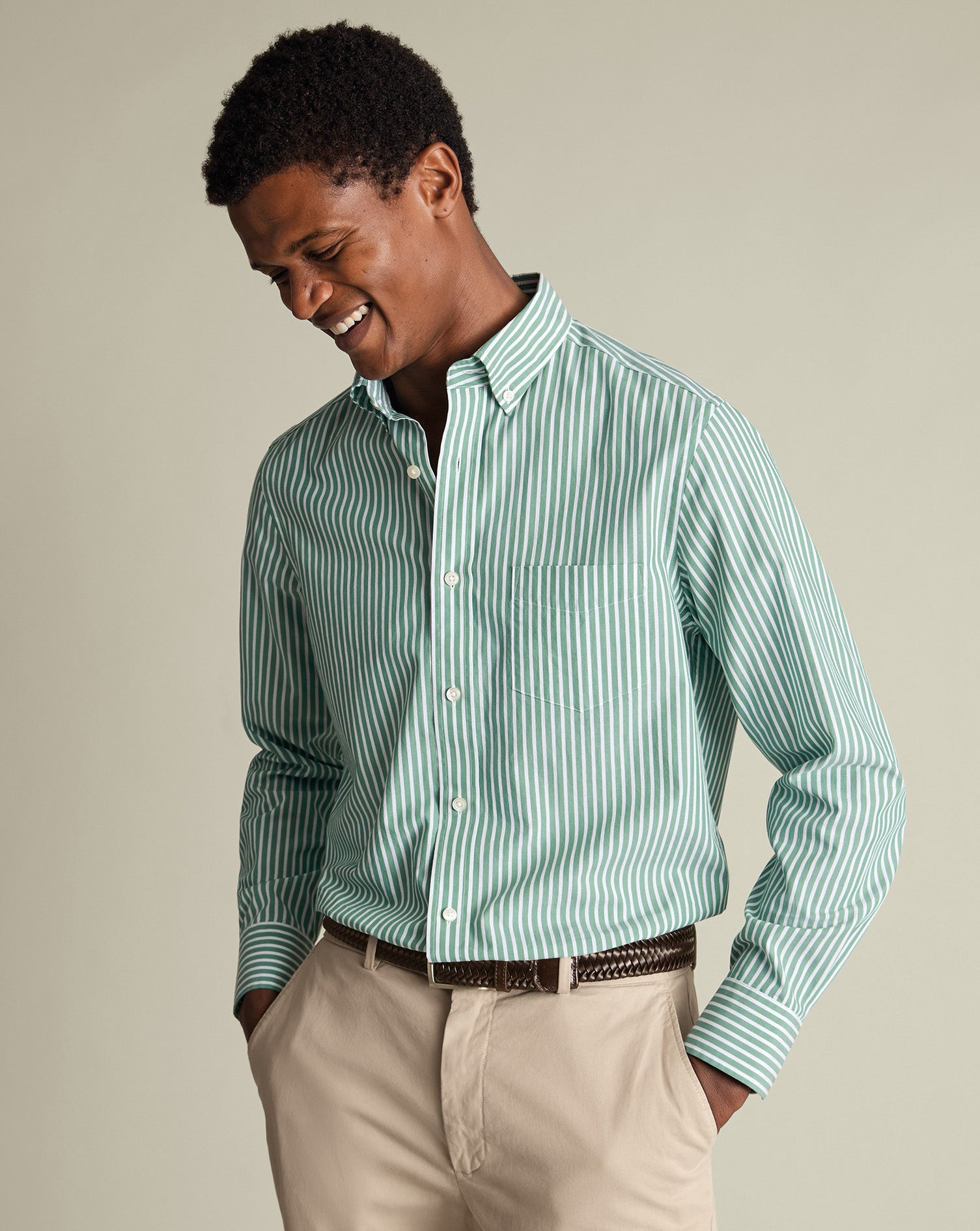 Button-Down Stretch Washed Poplin Stripe Shirt – Green