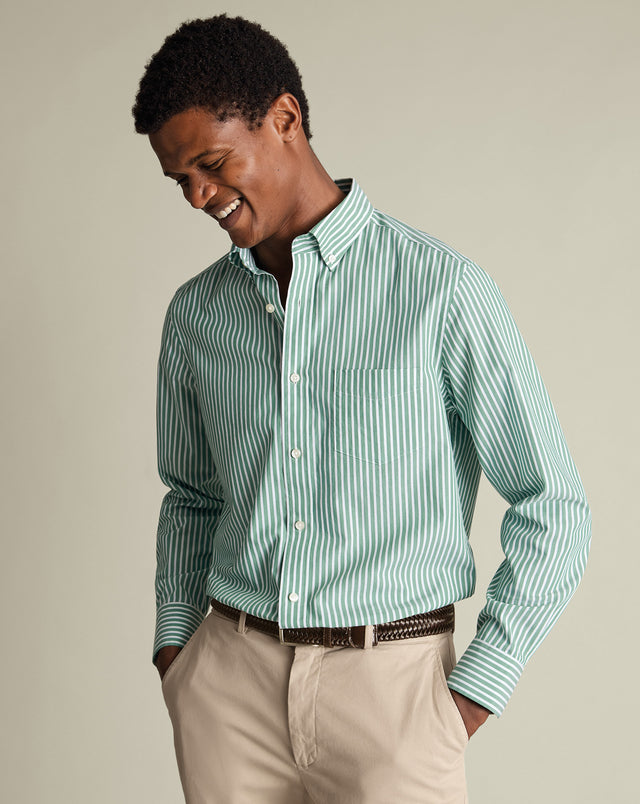 Button-Down Stretch Washed Poplin Stripe Shirt – Green