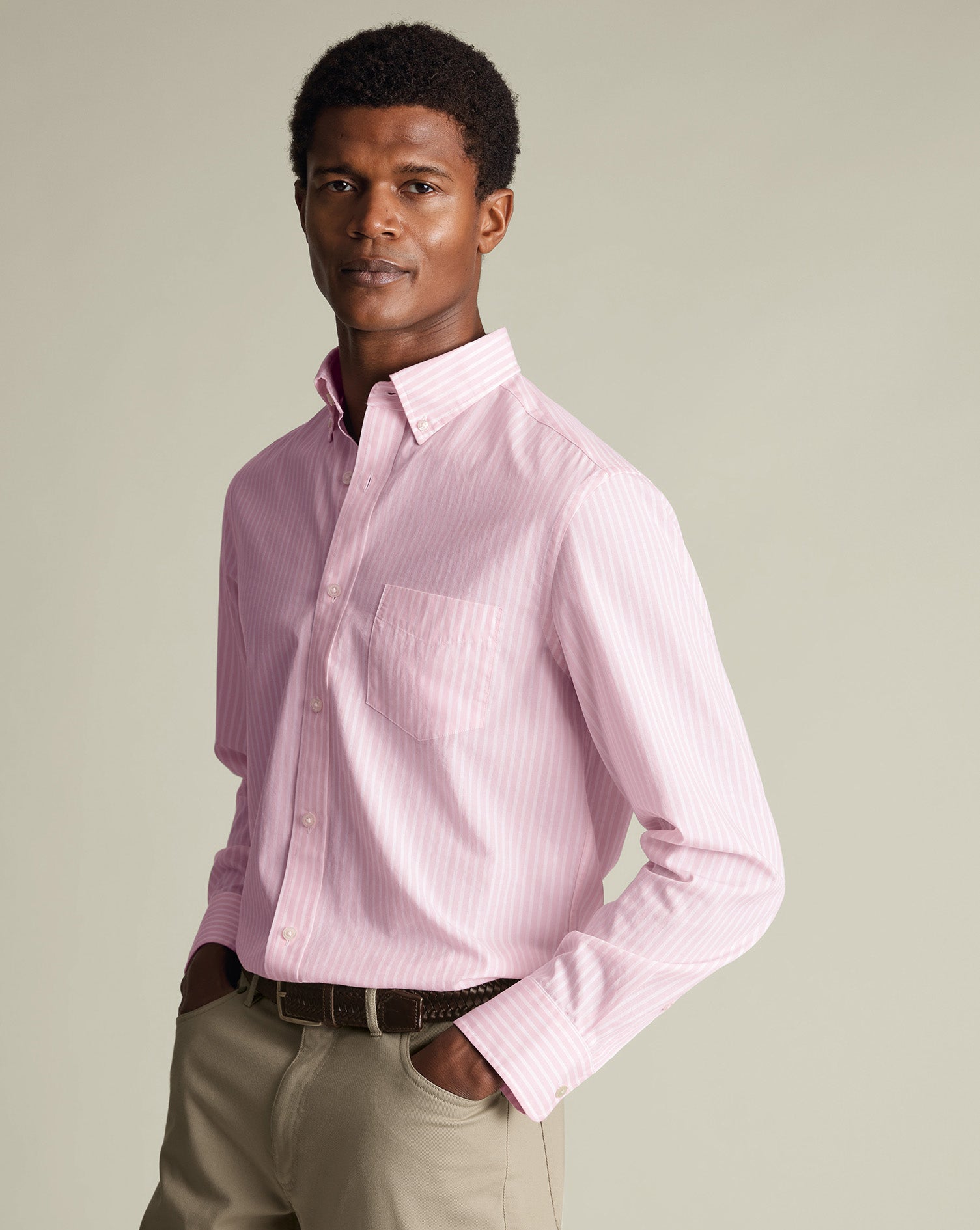Button-Down Stretch Washed Poplin Stripe Shirt – Pink