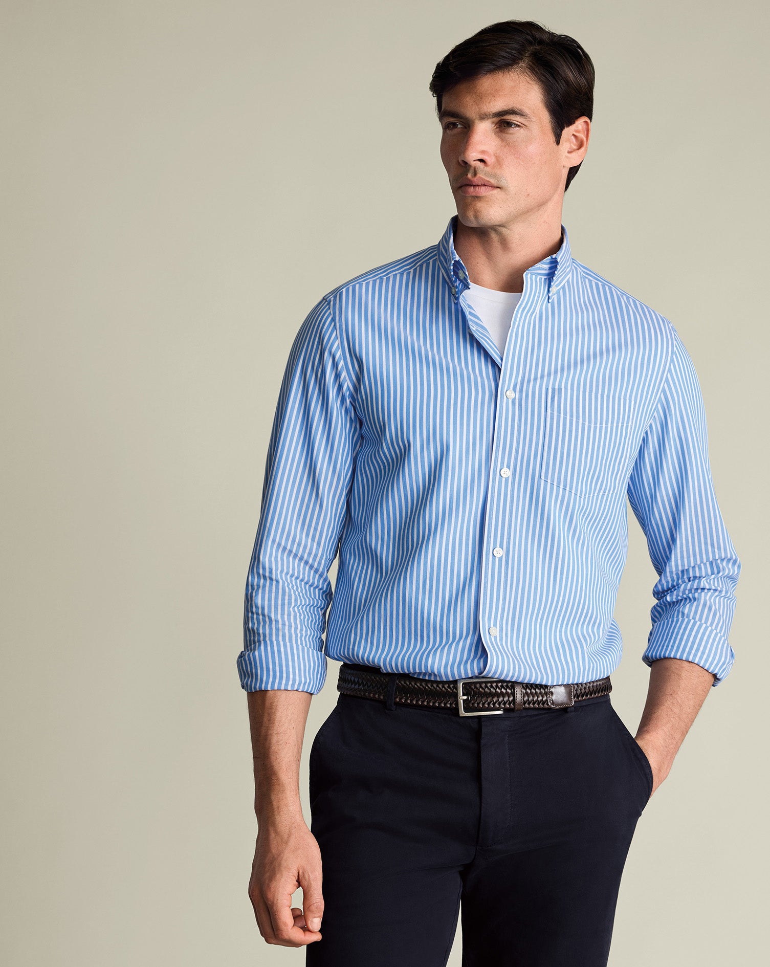 Button-Down Stretch Washed Poplin Stripe Shirt – Ocean Blue
