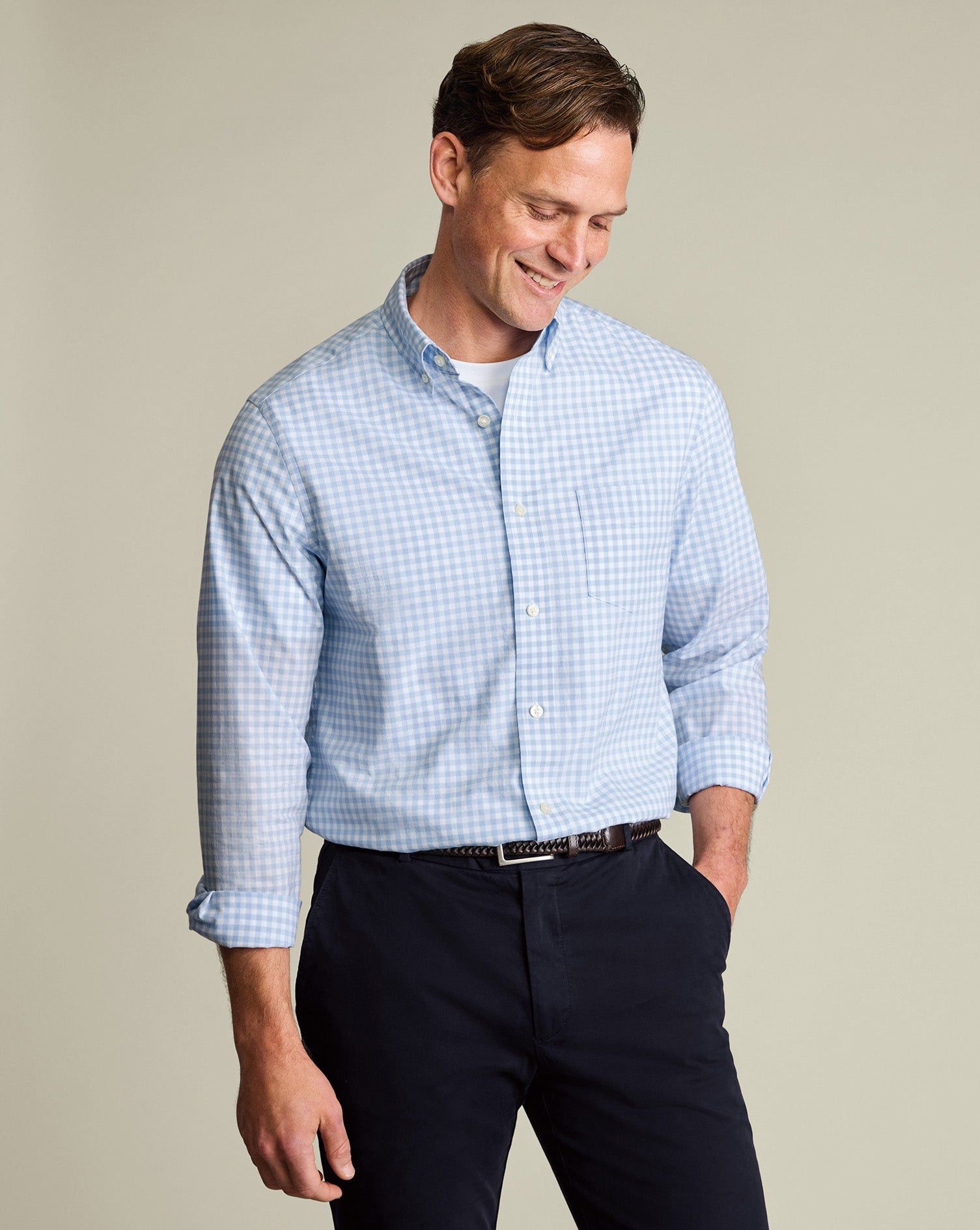 Button-Down Stretch Washed Poplin Gingham Shirt – Light Blue