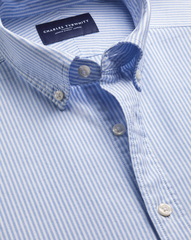 Short Sleeve Button-Down Stretch Washed Oxford Stripe Shirt – Ocean Blue