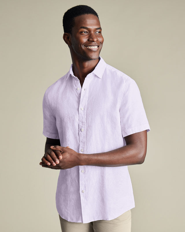 Short Sleeve Pure Linen Shirt - Lilac