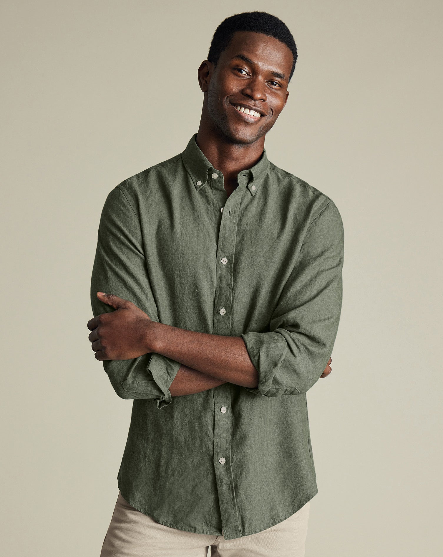 Button Down Pure Linen Shirt Green