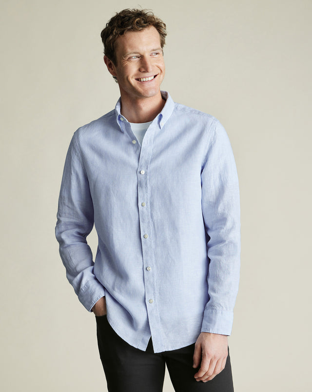 Chemise en pur lin à col boutonné - Bleu ciel