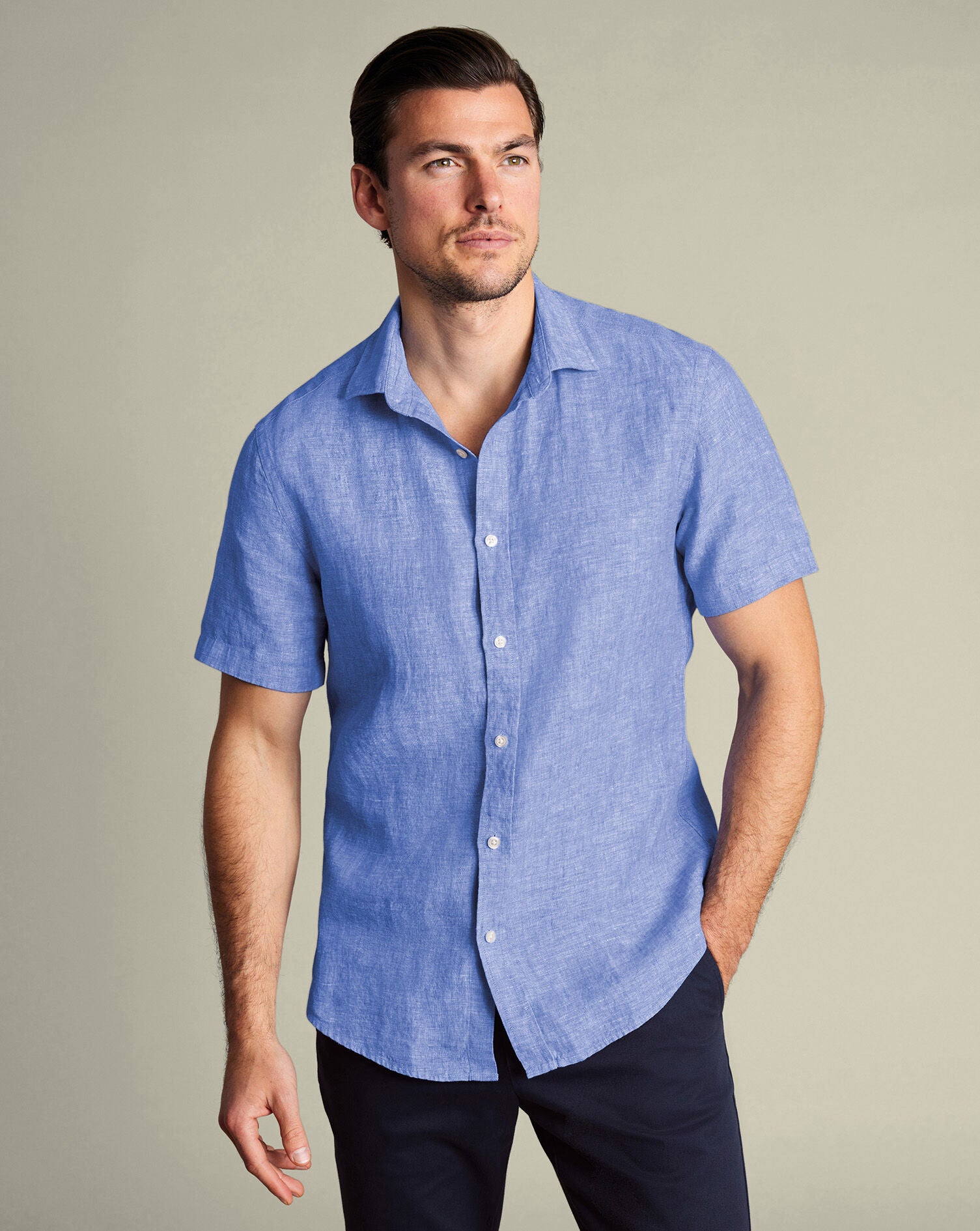 Pure Linen Short Sleeve Shirt Blue