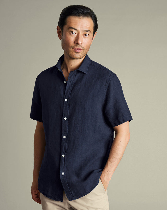 Short Sleeve Pure Linen Shirt – Navy