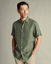 Short Sleeve Pure Linen Shirt – Olive Green