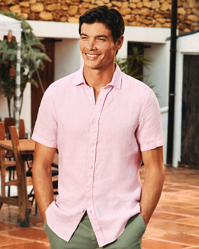 Pure Linen Short Sleeve Shirt Pink