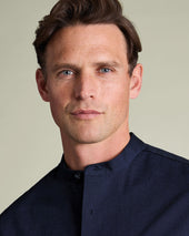 Collarless Stretch Washed Oxford Shirt Ink Blue