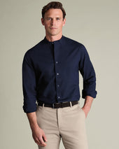 Collarless Stretch Washed Oxford Shirt Ink Blue
