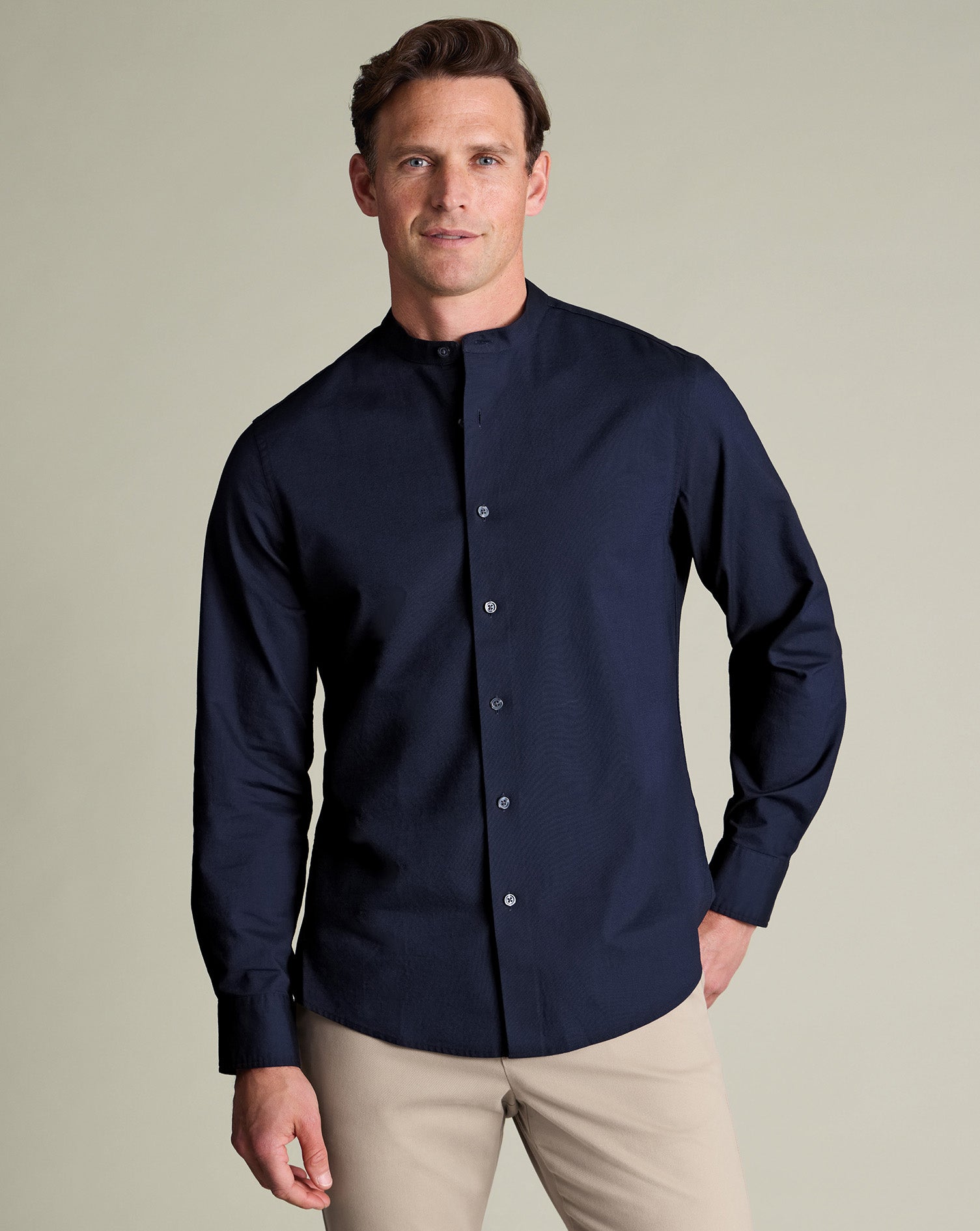 Collarless Stretch Washed Oxford Shirt Ink Blue