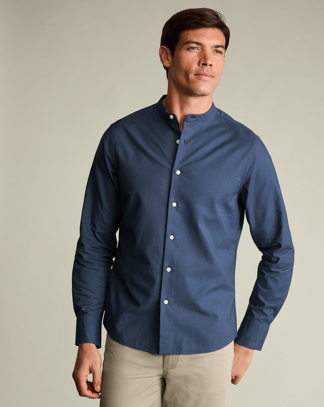 Collarless Stretch Washed Oxford Shirt - Airforce Blue