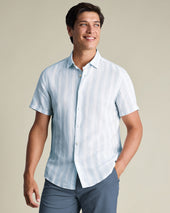 Short Sleeve Cotton Linen Stripe Shirt - Light Blue