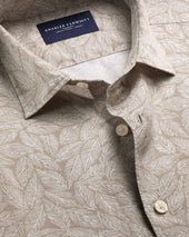 Short Sleeve Cotton Linen Leaf Print Shirt Mocha
