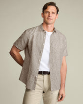 Short Sleeve Cotton Linen Leaf Print Shirt Mocha