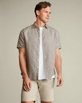 Short Sleeve Cotton Linen Leaf Print Shirt Mocha
