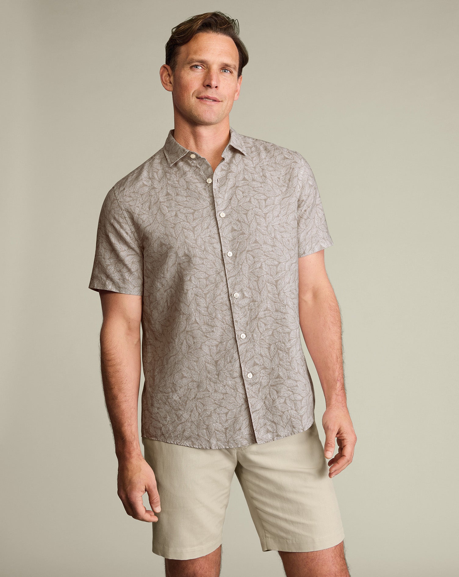Short Sleeve Cotton Linen Leaf Print Shirt Mocha
