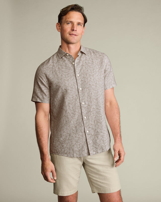 Short Sleeve Cotton Linen Leaf Print Shirt - Mocha