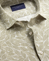 Short Sleeve Cotton Linen Leaf Print Shirt Green