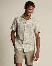 Short Sleeve Cotton Linen Leaf Print Shirt Green