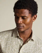 Short Sleeve Cotton Linen Leaf Print Shirt Green