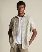 Short Sleeve Cotton Linen Leaf Print Shirt Green