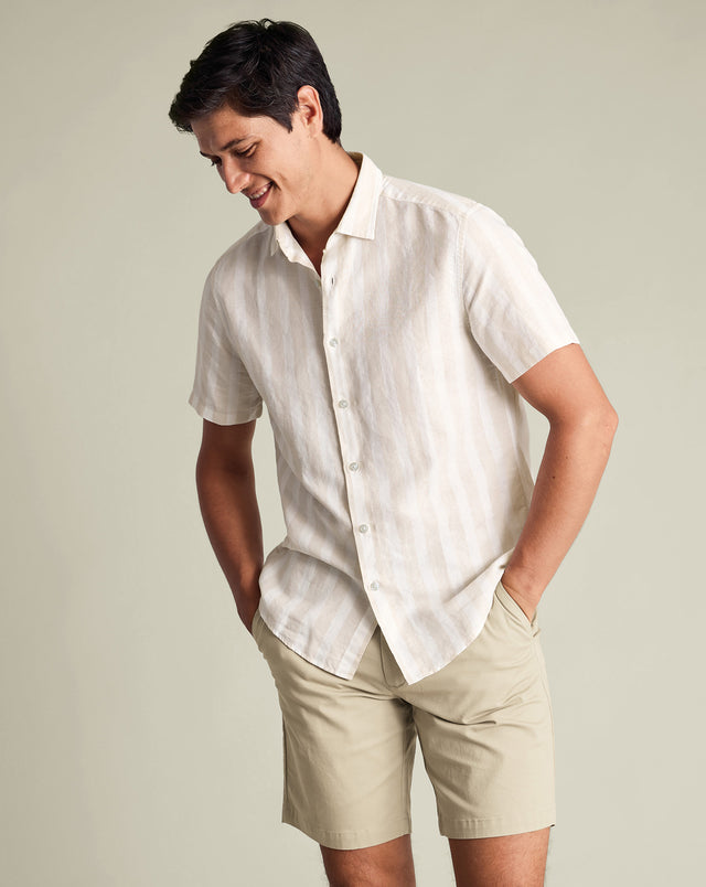 Short Sleeve Cotton Linen Stripe Shirt - Stone
