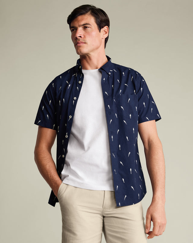 Short Sleeve Stretch Washed Poplin Print Shirt - Navy