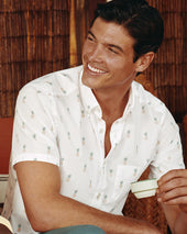 Short Sleeve Stretch Washed Poplin Print Shirt - White
