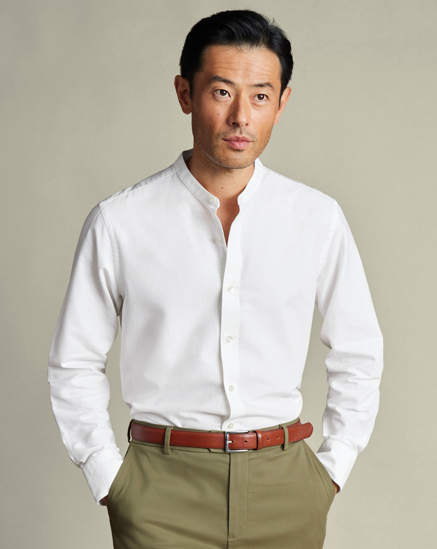 Collarless Cotton Linen Shirt - White
