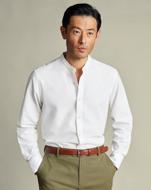 Collarless Cotton Linen Shirt - White