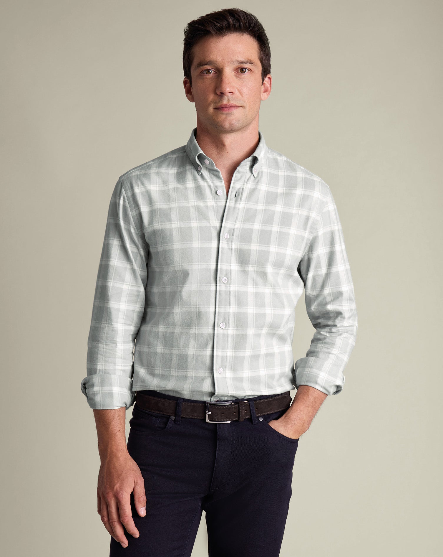 Brushed Flannel Check Shirt - Light Gray